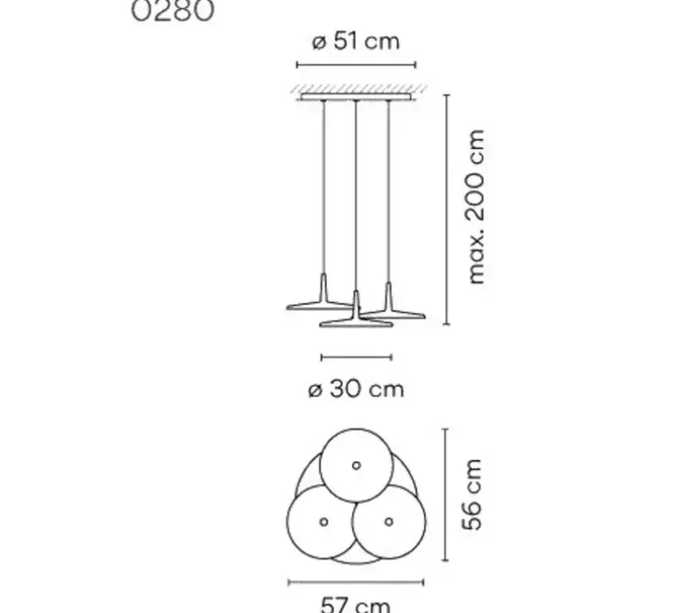 Suspension, triple, Skan 0280, vert, LED, 2700K, 2147lm, L57cm, H14cm - Vibia