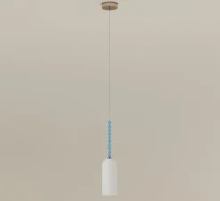 Suspension, Tulip 567, 1 cylindre, blanc, structure nickel, boules bleus, Ø12cm, H150cm - Atelier Areti