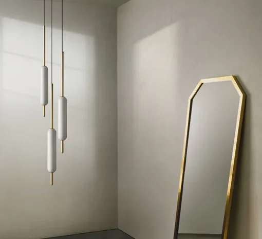 Suspension, Typha 02, blanc et laiton, LED, 2700K, 3600lm, Ø5cm, H80cm - Il Fanale