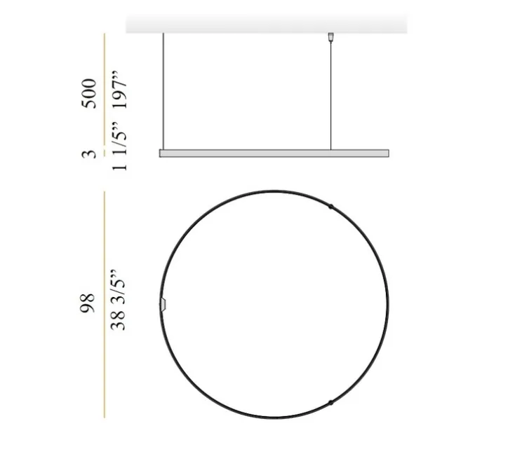 Suspension, Zero Round Vertical sans rosace, laiton satiné, LED, 3000K, 4079lm, Ø98cm, H3cm - Panzeri