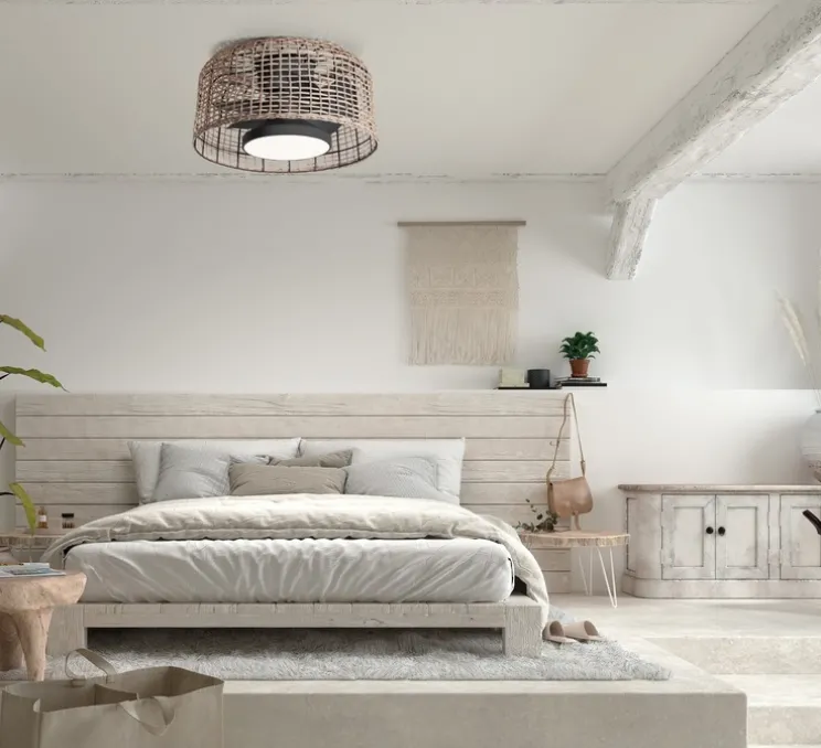 Ventilateur lumineux, Madeira, été/hiver, noir, rotin naturel, LED, dim, 3000 / 4000 / 6000K, 2400 lm, Ø61,2cm, H28,8cm - MDC